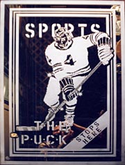 24 x 36 sports den poster mirror etched and carved - 23 K gold inlay on puck